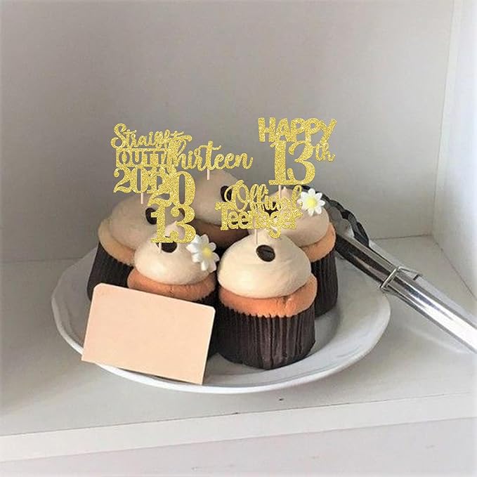 30PCS Happy 13th Birthday Cupcake Toppers Gold Glitter Thirteen Straight Outta 2013 Cupcake Picks Cheers to 13 Years Cake Decorations for 13th Birthday Anniversary Party Decoration Supplies