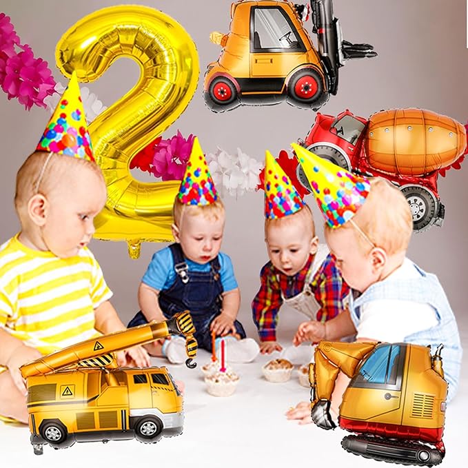 Construction Birthday Party Supplies 2 Year Old, Large Construction Balloons 40Inch Gold Number 2 Balloons Construction Truck Foil Balloons for Boys 2nd Construction Birthday Party Decorations