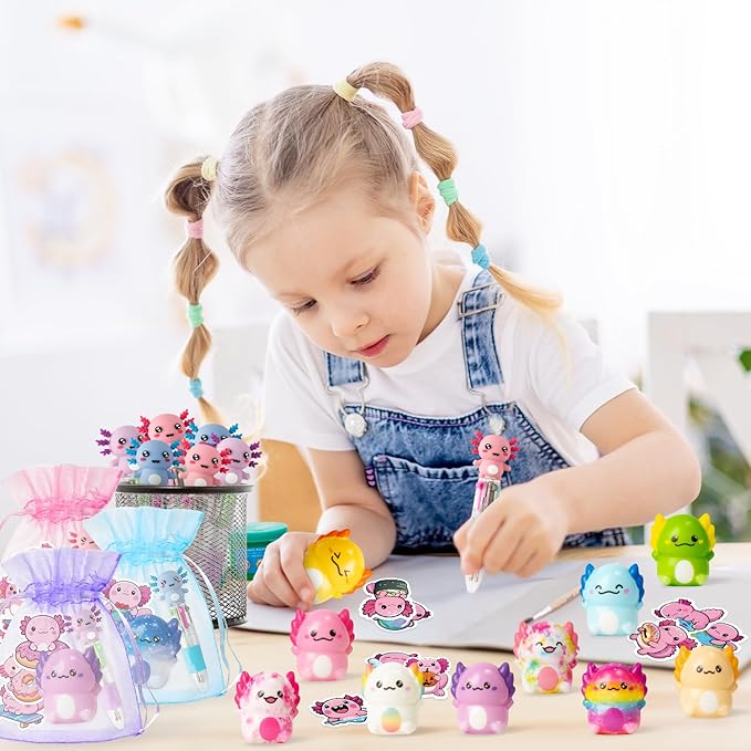 CY2SIDE 12 Pack Axolotl Squeeze Toys Party Favor Gift Set, Included Random Slow Rising Squishy Toys 4-in-1 Ballpoint Pen Cute Stickers and Organza Bag, Axolotl Party Goodie Bag Fillers for Kids Reward