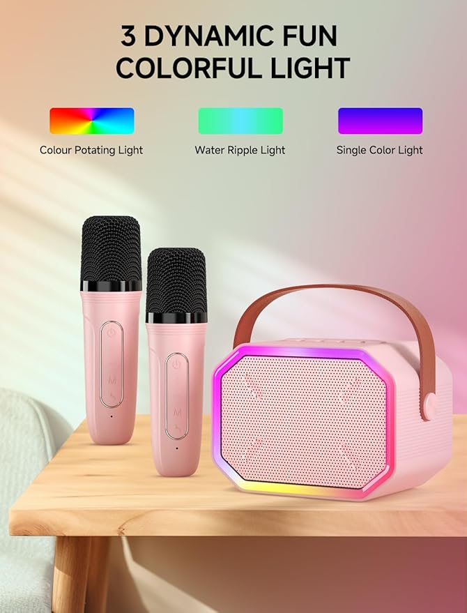 Karaoke Machine for Kids and Adults, Mini Portable Bluetooth Speaker with 2 Wireless Microphones, Kids Gift for Girls Boys Family Party Birthday (Pinkcolor)
