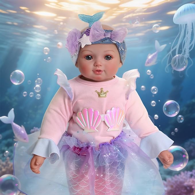 BABESIDE Mermaid Baby Doll Girl, 15-Inch Realistic Soft Baby Dolls with Shiny Mermaid Tail & Accessories, Cute Mermaid Toys for Girls Ages 3+ Kids, Christmas, Birthday