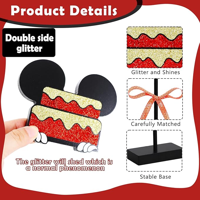 Red Gold Glitter Centerpieces for Mouse Theme Birthday Decorations,Wooden Signs Red Mouse Table Topper,Birthday Table Decorations for B-Day Party Decor and Party Favor(3 Pcs)