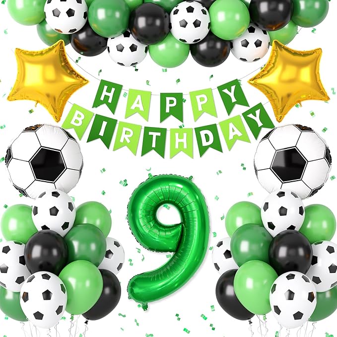 Soccer Birthday Party Decorations for Boys, 9th Soccer Birthday Decoration with Green Black White Balloons 'HAPPY BIRTHDAY' Banner Cake Toppers 32in Foil 9 Balloon for Kids Boys Sport Party Decor