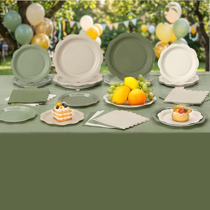 LemonRoad 100 Pcs Nude Sage Green Paper Plates Napkins and Plastic Tablecloth Set for 24, Gradient Green Tan Disposable Dinner Dessert Plate for Baby Shower Birthday Wedding Party Decoration Supply