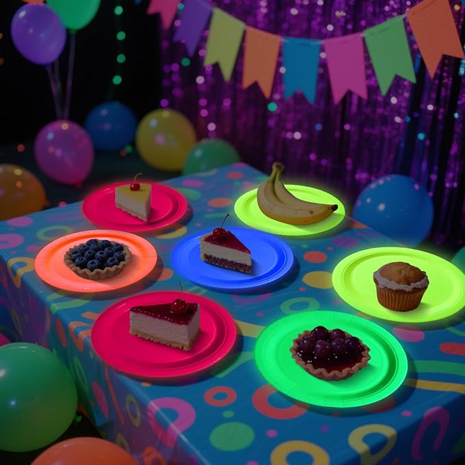 50 Pcs Colorful Neon Party Plates - Glow in the Dark Supplies Neon Birthday Paper Plates for Let's Glow Party Decorations Halloween, 9 x 9 inches