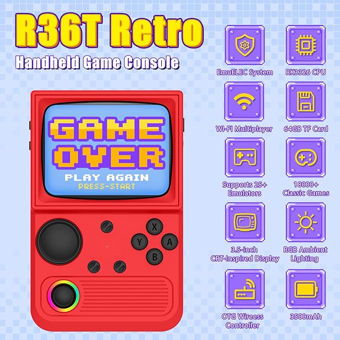 R36T Retro Gaming Console, 3.5'' IPS Screen CRT-Inspired, Handheld Game Console with 18000+ Classic Games Supports WiFi Networked Fighting and OTG, 3500mAh Battery, with Portable Case(Red 64GB)