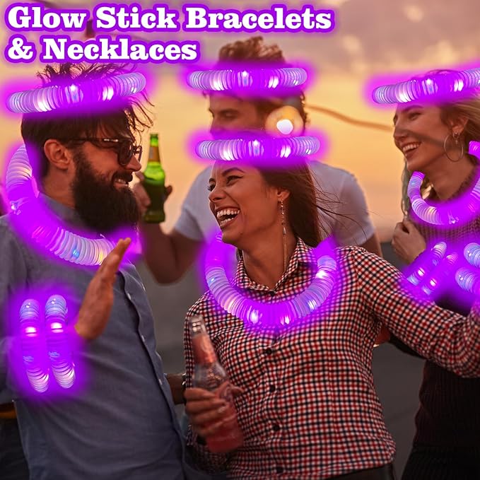 Purple Glow Sticks Pop Tubes,12-24PCS Light Up Necklaces & Bracelets,Mardi Gras Party Favors Accessories Decorations,Glow Birthday Wedding Carnival Valentines Day Party Supplies for Kids & Adults