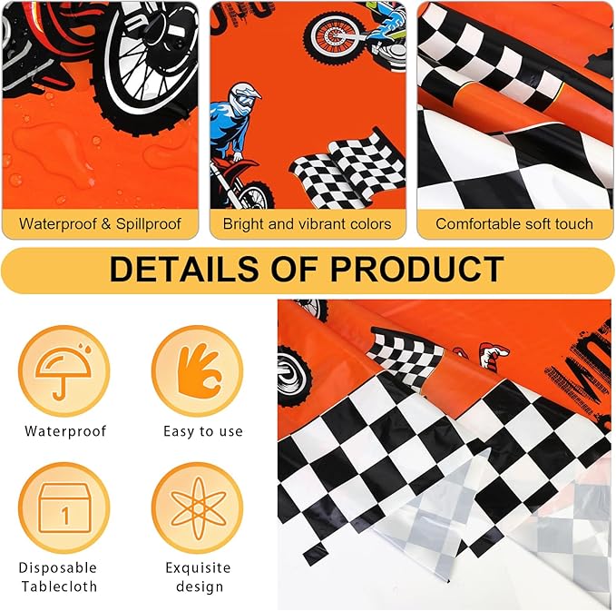PHOGARY 3pcs Dirt Bike Table Cloth for Boys Men Birthday Party Decorations, Checkered Racing Motorcycle Disposable Plastic Rectangular Table Covers Motocross Moto Theme Party Favors Supplies 51x86Inch