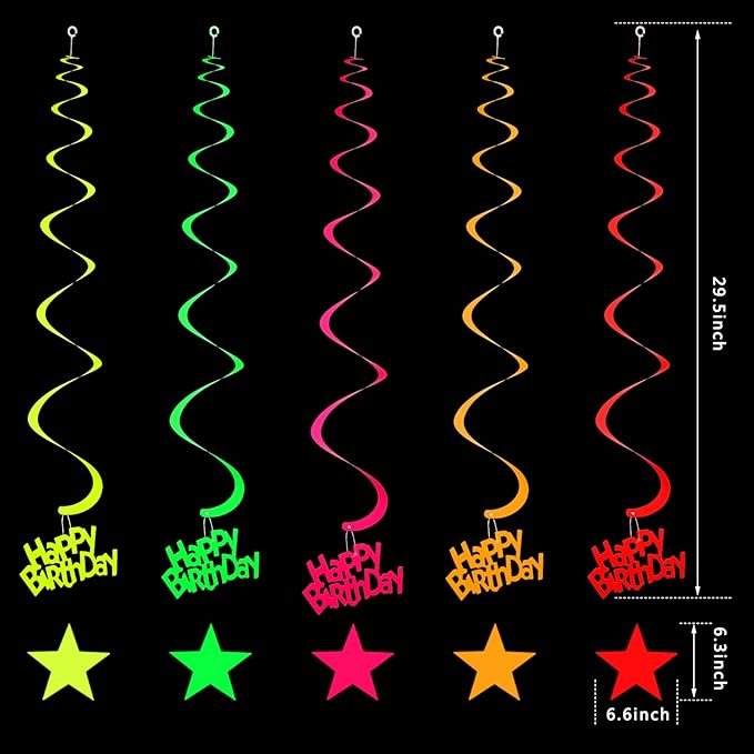 Glow Neon Party Supplies Set Glow in the Dark Happy Birthday Banner with UV Black Light Reactive Cake Topper Swirls Neon Fluorescent Latex Balloons Stars for Birthday Party