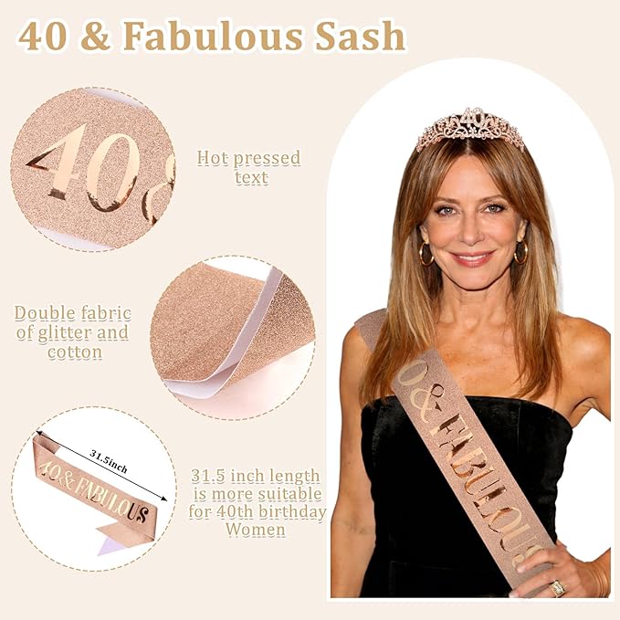 Semato 40th Birthday Decorations for Women Sash and Crown Tiara Kit Rose Gold 40th Birthday Gifts Her Party Supplies