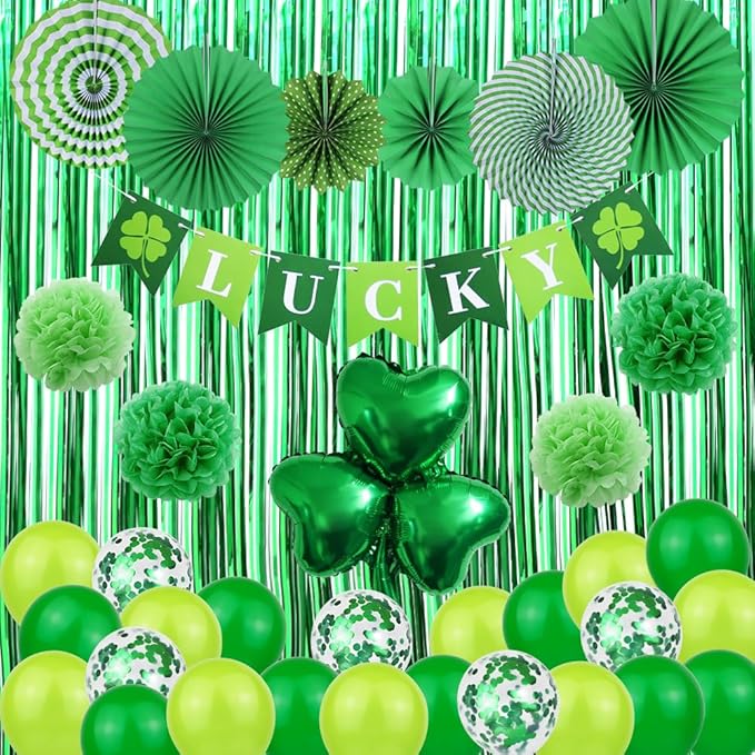St Patrick's Day Decorations Kit, 37 Pcs Saint Patricks Day Shamrock Decorations Foil Fringe Curtains, Tissue Poms, Paper Fan, Lucky Banner, Foil Balloons Decor for Home Party Supplies