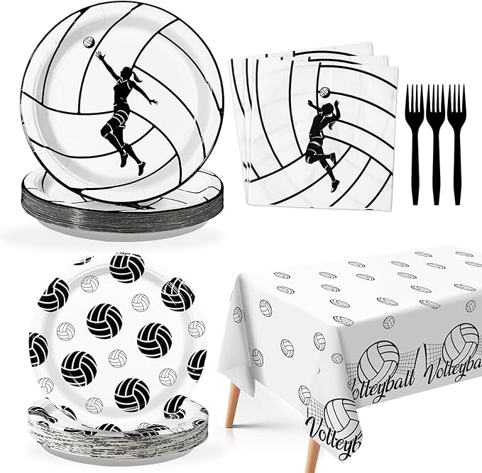 Grencian 98Pcs Volleyball Birthday Party Supplies 96Pcs Volleyball Paper Plates Napkins Forks 2 Pcs Tablecloths Sports Theme Party Disposable Tableware for Girls Birthday Decorations Serves 24