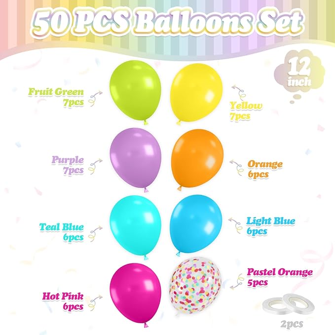 FunHot Colorful Balloons, 50 Pcs Summer Balloon, 12 Inch Green Purple Hot Pink Blue Latex Balloons, Rainbow Confetti Helium Balloon for Baby Shower Birthday Beach Engagement Hawaii Party Decorations
