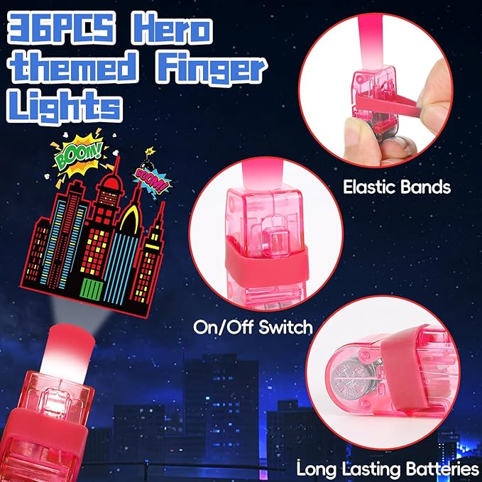 36Pcs Super Theme Hero LED Finger Lights Hero Party Favors Glow in the Dark Light Up Finger Lights City Themed Toys Bulk for Super Birthday Party Goodie Bag Stuffer Birthday Gifts Classroom Prize