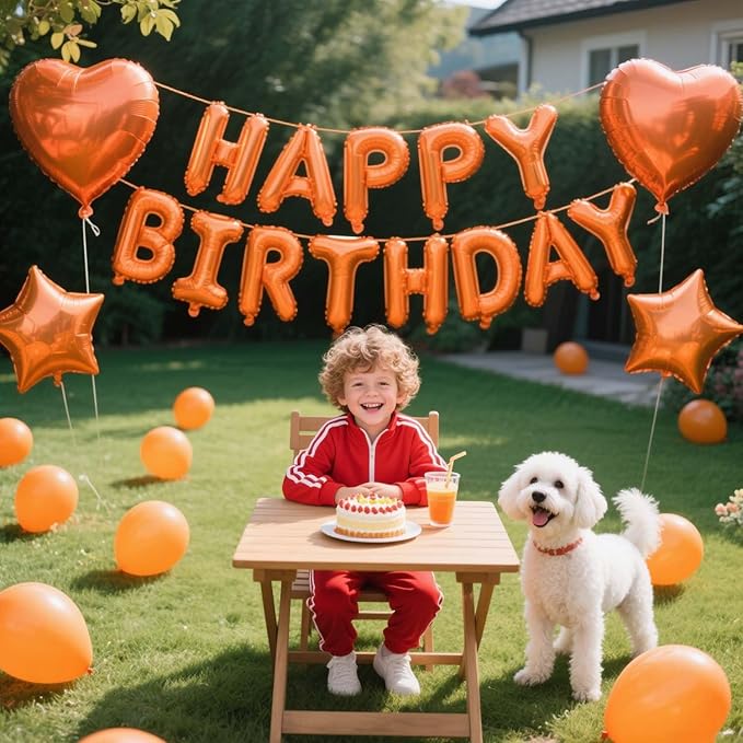 27 Pcs Orange Birthday Decorations, 3D Letters Orange Happy Birthday Balloon Banner, Pentagram Heart Foil Balloons Confetti Balloons Kit For Boys Girls Party Supplies