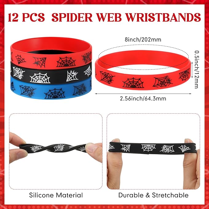 Kingdder 24 Pcs Spider Web Sunglasses and Silicone Wristbands Bracelets Spider Birthday Theme Party Favors Black Red Blue Party Decorations Supplies Gifts(Classic)