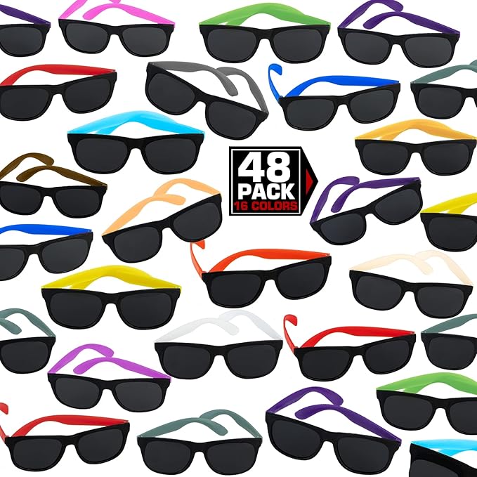 48 Pack 16 Colors Neon Party Sunglasses, 80’s Retro Style Party Favors Sun Glasses Bulk for Carnival, Summer Pool Toys, Goody Bag Stuffers, Boy and Girl Beach Party Supplies, Birthday, School Gift
