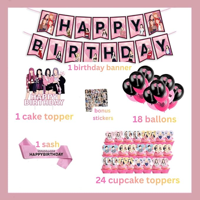 KPOP Black Pink Girl Group Birthday Party Kit Supplies with Cake Topper, Balloons, Banner, Cupcake Toppers & Birthday Sash – Easy Setup Party Supplies for Girls, Teens & Adults