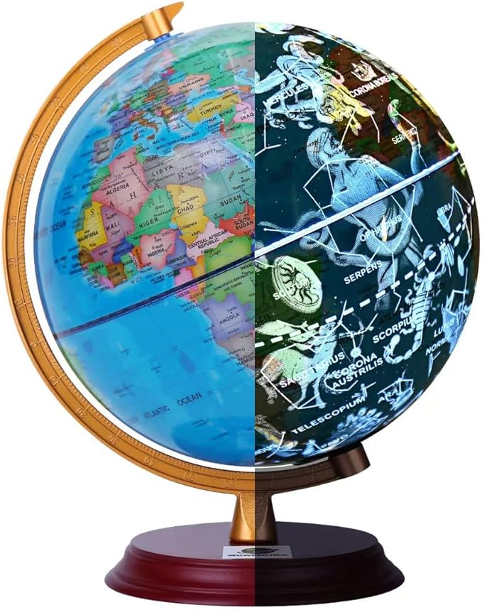 8-Inch LED Animal Constellation Globe for Kids, Education World Globe with Wood Base and Metal Meridian, Night Light Starry Sky & Daytime Map, STEM Learning Tools (Blue, 8 Inch)