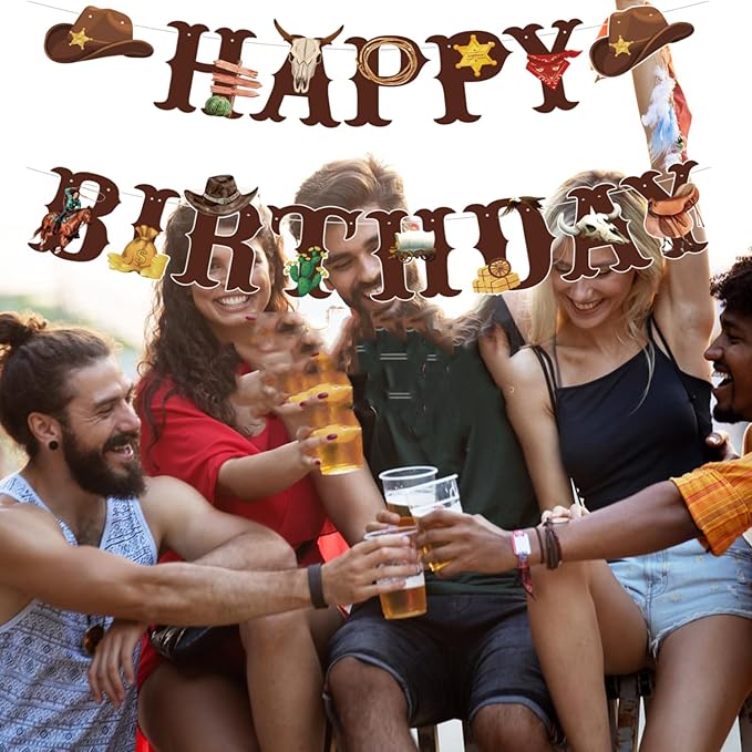 Western Cowboy Theme Wild West Party Decoration,Pre-Strung Happy Birthday Banner,Retro Horse Rodeo Party Supplies for Boys,Cowboy Hat Horses Garland for Boys Birthday Party