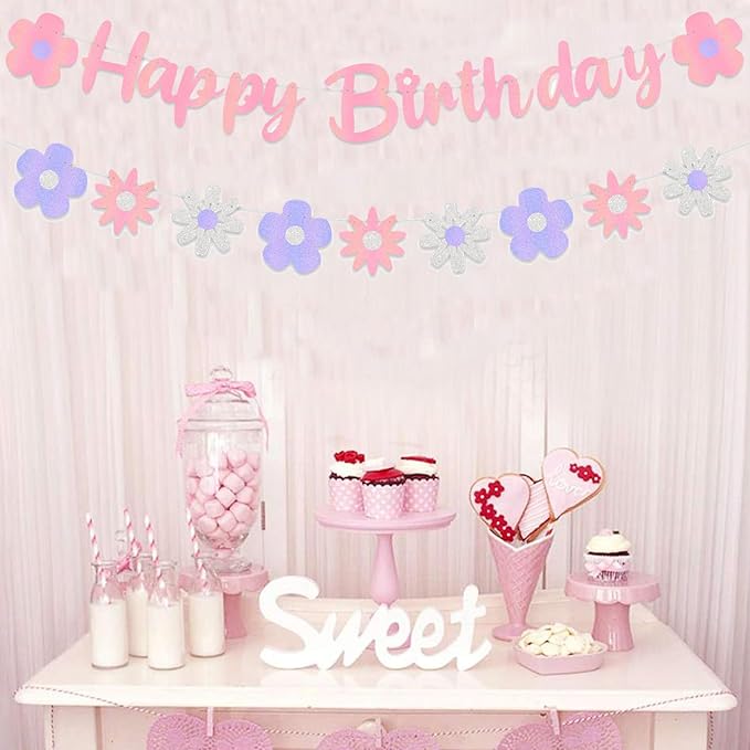 Zwiebeco Pink Floral Happy Birthday Banner Bunting Garland Hanging Paper Party Decoration Supplies for Spring Summer Wildflower Boys Girls Kids Baby Shower Bday Decor Accessories Supplies