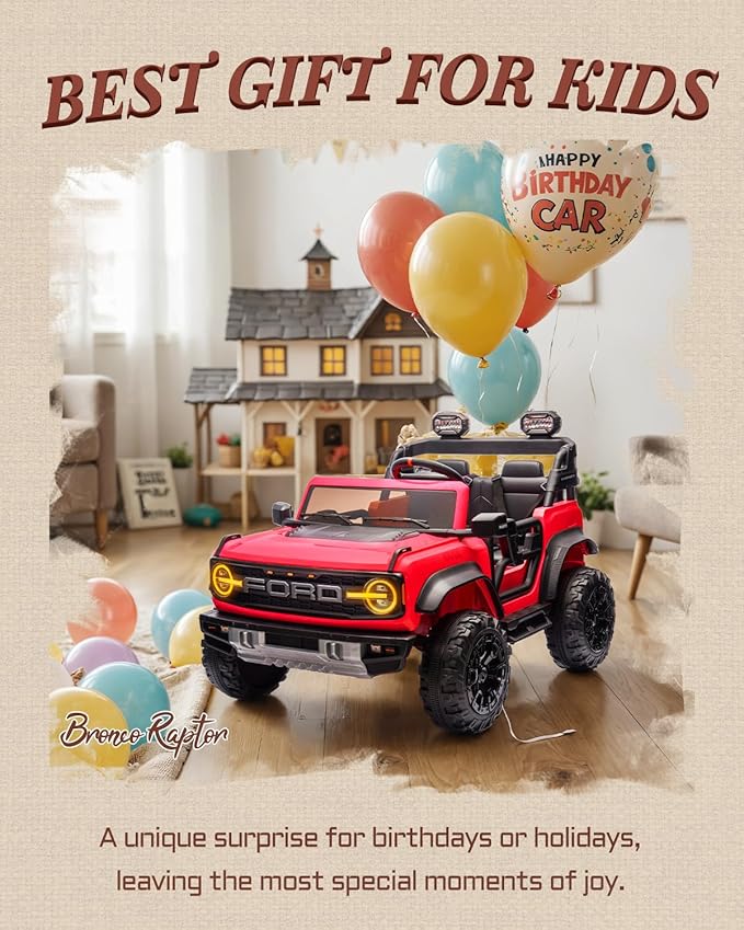 First Ride On Ford Bronco 24V Ride on Toys for Boys & Girls, 2 Seater Kids Electric Car with Remote Control, Kids Ride on Truck with Rear Wheels Suspension, Led Lights, Safety Belt (24V, Red)