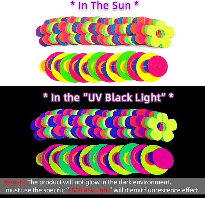 120 Feet Flower Dot Glow in The Dark Party Supplies and Decorations UV Neon Garland Streamers for Party Birthday Banner Black Light Neon Decorations for Dark Glow Party UV Reactive Neon Party Favors