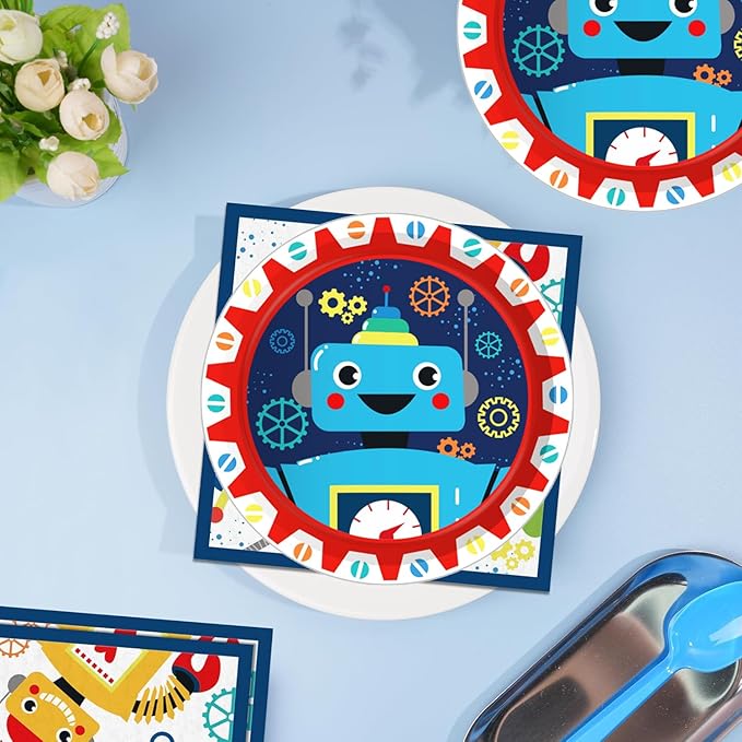 Robot Party Plates and Napkins for 24 Guests 64 Pcs Robot Birthday Party Supplies Disposable Tableware Set Robots Paper Plates Napkins for Robots Theme Birthday Party Supplies