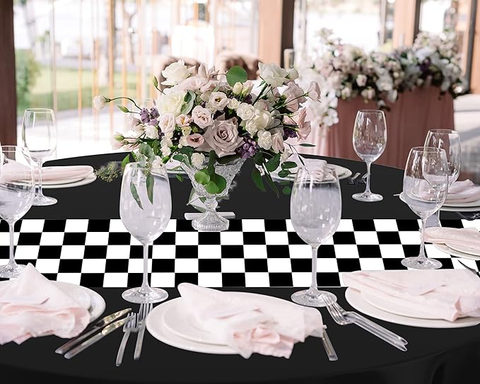 Oudain 3 Pcs Cars Birthday Party Supplies Racing Party Decorations Round Racing Tablecloth Checkered Flag Table Covers Road Plastic Table Cloth, 1950s Disco Dancing Party Tablecloth (Black)