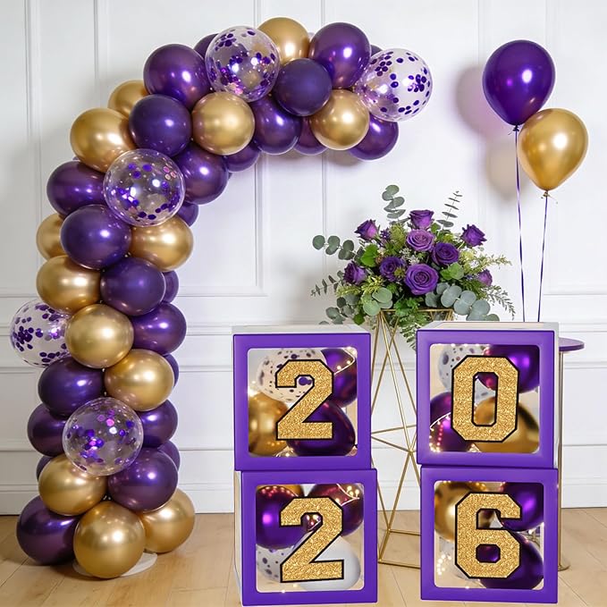 Purple and Gold Graduation Decorations 2026, Graduation Decorations Set of 4 Balloons Boxes with Letters 2026 GRAD So Proud of You, Congrats Grad Decorations for High School & College
