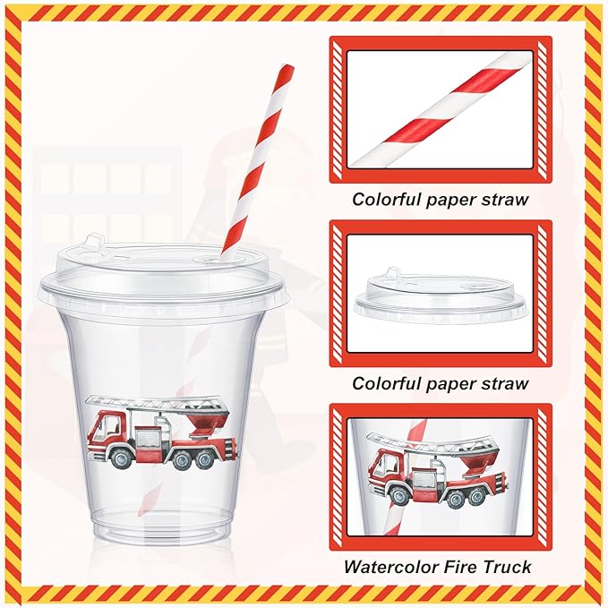 Boao 36 Pcs Watercolor Fire Truck Party Cups with Lids and Paper Straws 14 oz Disposable Clear Plastic Cups for Firefighter Birthday Party Favor Supplies Decorations
