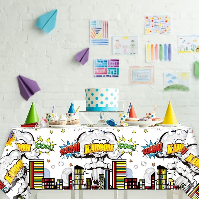 3 Pieces Super Theme Hero Tablecloths Hero Themed Birthday Party Supplies Heroes Action Sign Plastic Table Cover Fun Super Tablecover for Happy Birthday Baby Shower Party Decorations