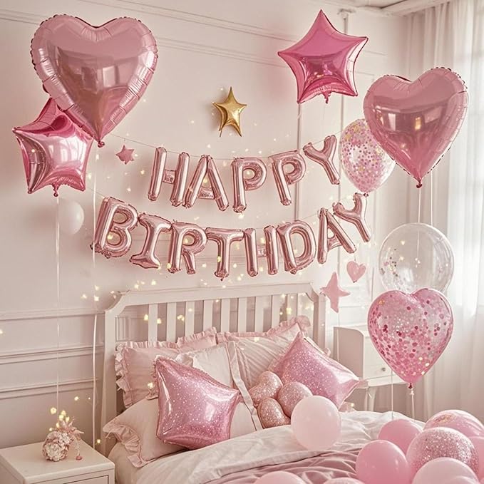 27 Pcs Pink Birthday Decorations, 3D Foil Pink Happy Birthday Balloon Banner, Pentagram Heart Foil Balloons Confetti Balloons Kit For Boys Girls Birthday Party Supplies