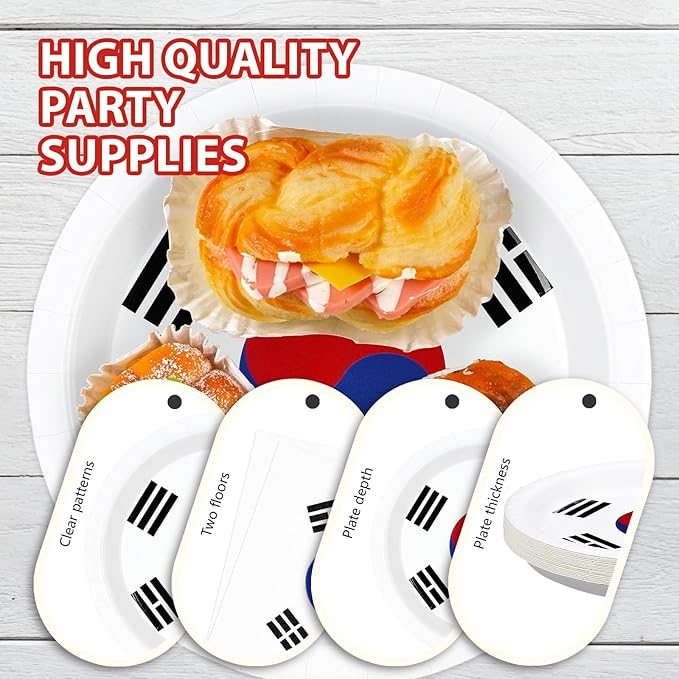 96 Pcs South Korea Flag Themed Party Supplies Disposable South Korean Paper Plates and Napkins Korean National Flag Tableware Set for Country Decoration Party Supplies, Serves 24