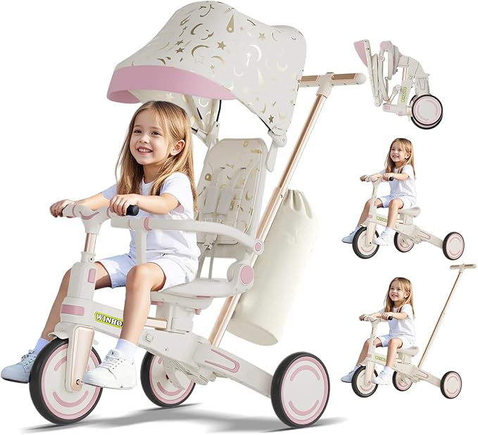 WinHope 9-in-1 Push Tricycle for Toddlers 1-3 Years, Convertible Kids Trike with Push Handle & Safety Belt, One-Client Foldable Design + Storage Basket, Birthday Gift and Toy for Boys and Girls(Pink)