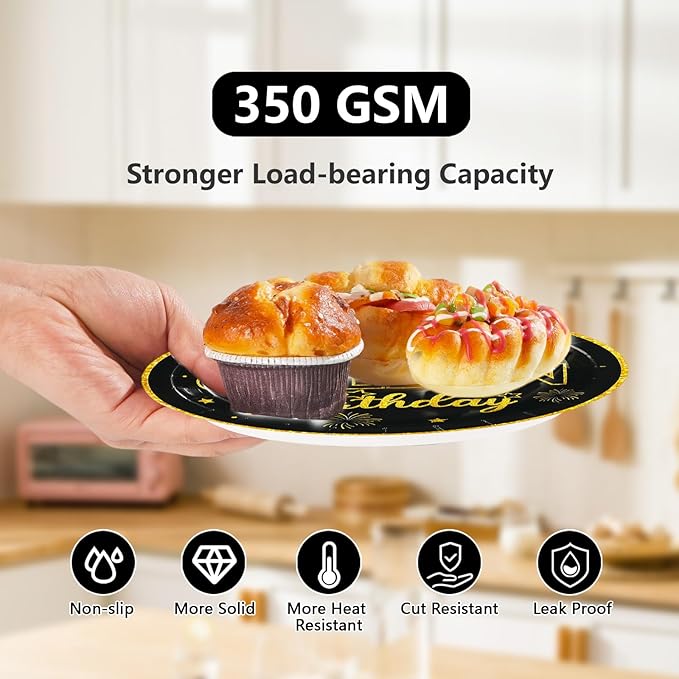 96Pcs Golden Birthday Party Decorations Happy Golden Birthday Paper Plates and Napkins Sets Black and Gold Birthday Decorations for Men Women Bday Party Supplies Serves 24