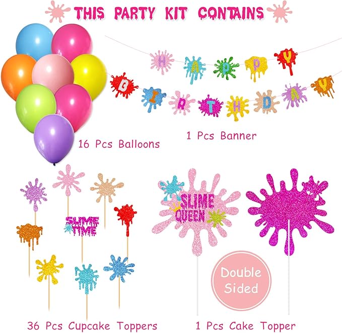 Slime Birthday Party Decorations Kit - Slime Queen Cake Topper Birthday Banner Cupcake Toppers Colorful Balloons for Kids Slime Party Baby Shower Party Supplies