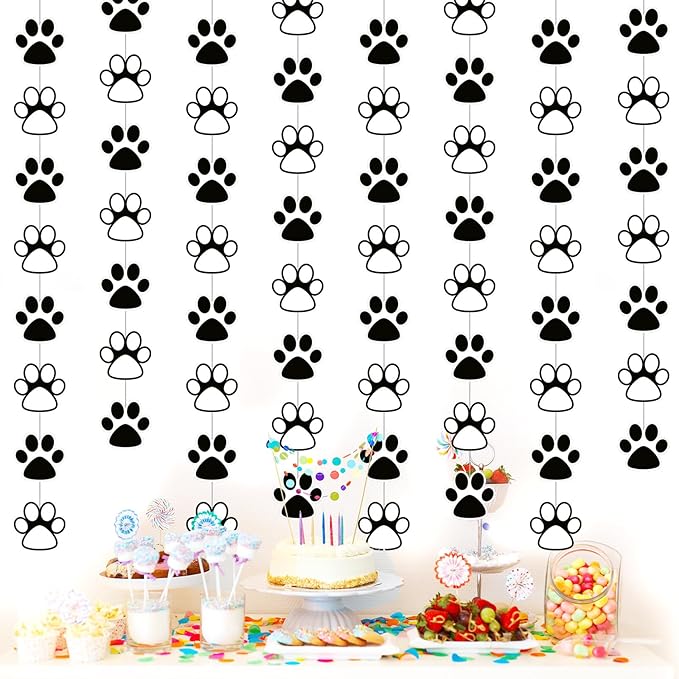 Duraaamo 8 Pack Dog Party Banner Decorations Paw Paper Garland Pet Birthday Paper Hanging Cutouts Black White Dog Paw Banners for Kids Let's Pawty Pet Birthday Party Supplies Decor