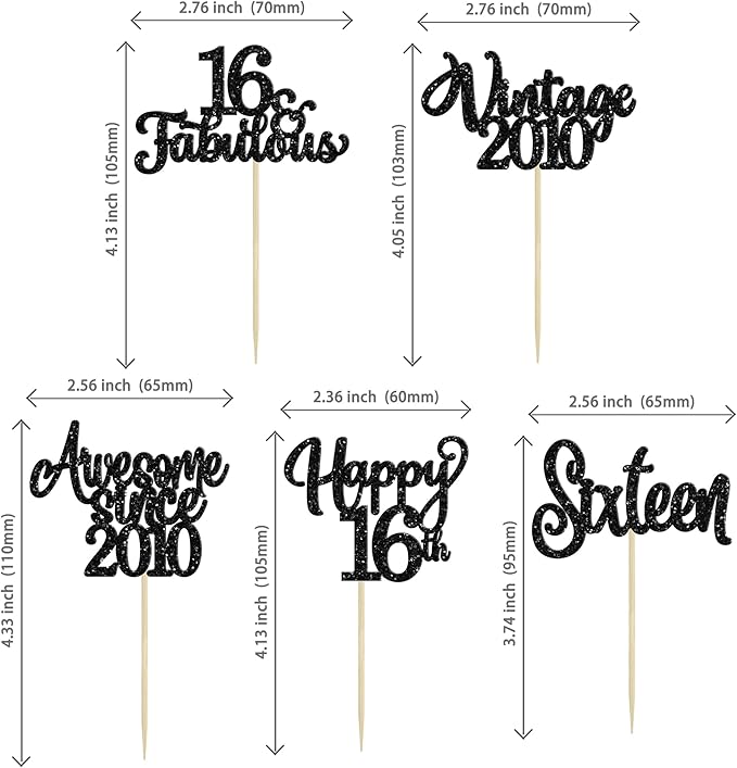 30Pcs Happy 16th Birthday Cupcake Toppers Glitter Sixteen Vintage 2010 Cupcake Picks Cheers to 16 Fabulous Cake Decorations for 16th Birthday Wedding Anniversary Party Supplies Black