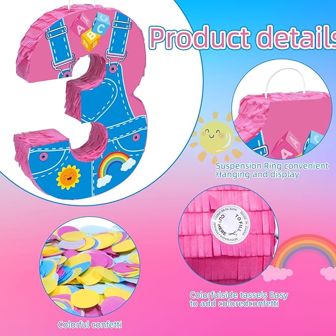 Pink Party Decorations,15.7‘’ Pink Number 3 Pinata with Stick Blindfold Confetti for Girls Boys 3rd Anniversary Party Decorations & Supplies (3rd)