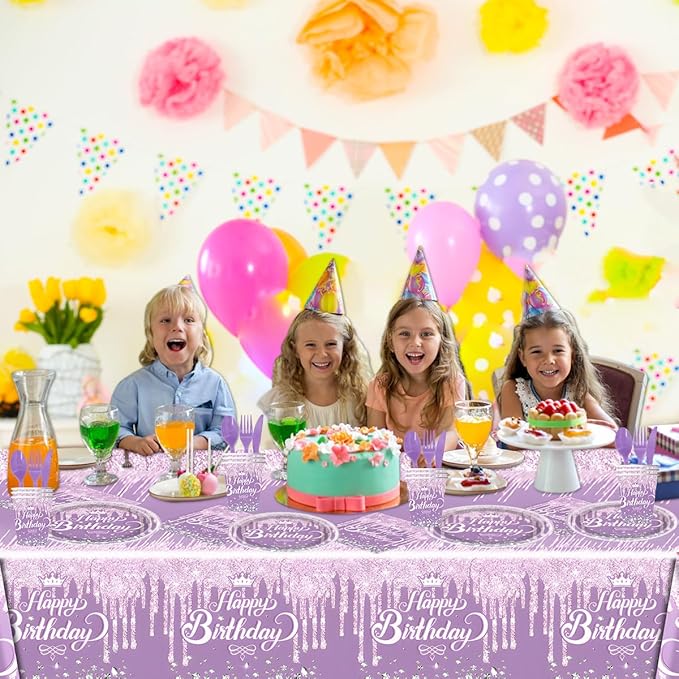 81Pcs Diamond Party Tableware Set Sparkling Diamonds Party Decoration for Girls and Women Birthday Party Supplies (Purple)