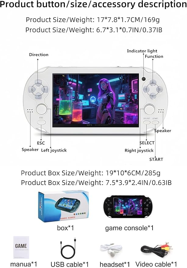 4.3-inch Dual-Rock Video Game Console Curved Appearance Built-in Multi-Simulator Portable Handheld Retro Game Supports Video/Music Playback Khildren's Toys Birthday (White)