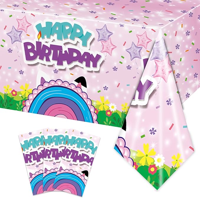 3PCS Cute Cartoon Cat Tablecloth Set for Kids Boys Girls Birthday Party Cute Cartoon Cat Table Cloth -54x108in
