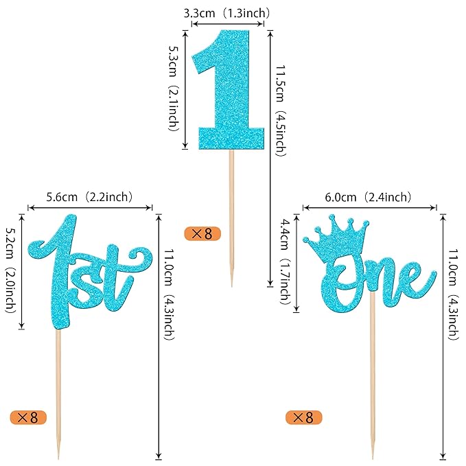 24 PCS 1st Birthday Cupcake Toppers Glitter First Birthday Crown Wild One Cupcake Picks for Baby Shower Kids Boys Girls 1st Birthday Anniversary Boho Theme Party Cake Decorations Supplies Blue