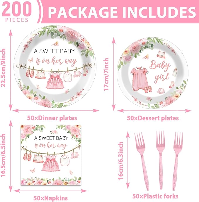 200Pcs Floral Baby Girl Shower Plates and Napkins Decoration Pink Girl Party Tableware Dinnerware Set Spring Rose Gold Paper Plates for Baby Gender Reveal Party Supplies Serves 50