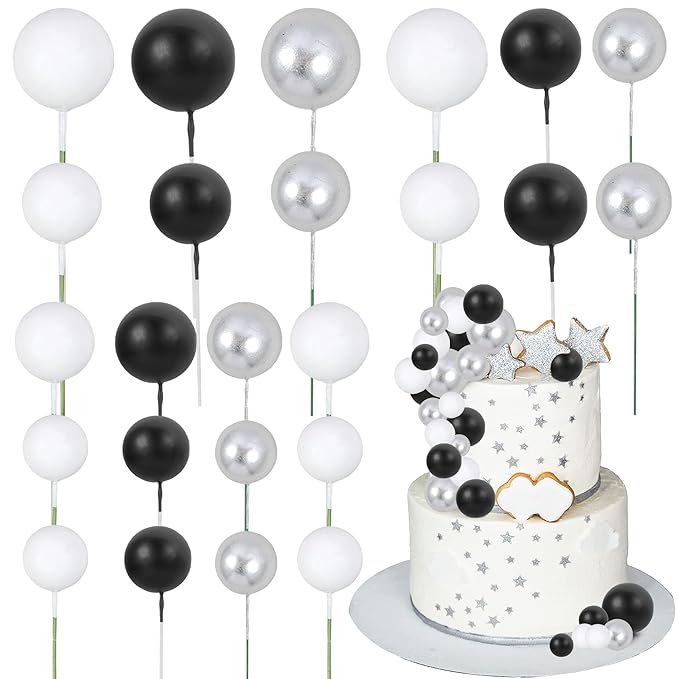 Gyufise 30Pcs Balls Cake Toppers Ball Picks Ball Shaped Cupcake Toppers Foam Balls Cake Topper Mini Balloons Cake Decorations for Wedding Baby Shower Birthday Party Supplies Black White Silver