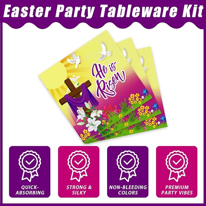 96 Pcs Easter He is Risen Paper Plates Napkins, Easter Religious Inspiring Party Decorations Supplies Disposable Dinnerware Tableware Set, Serves 24