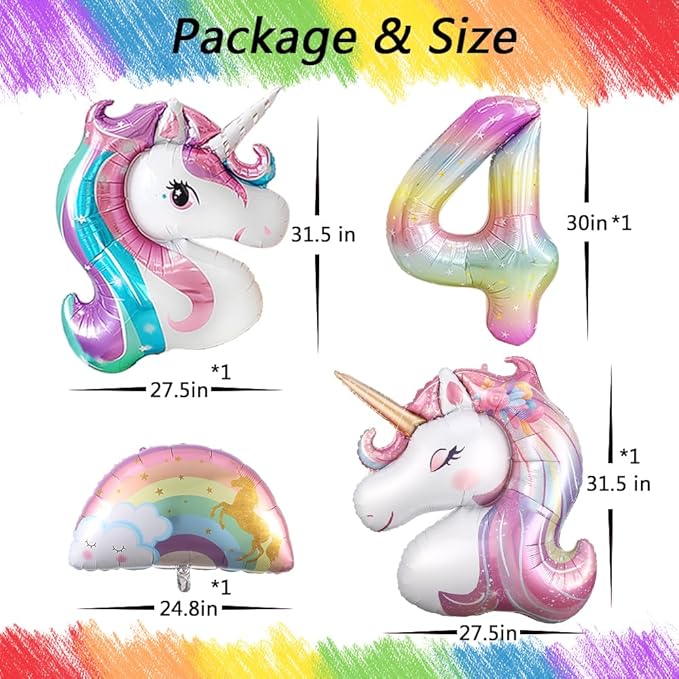 Unicorn 4th Birthday Party Decorations for Girl Purple Pink Theme Balloon Set, Large Rainbow Unicorn Helium Balloons with Heart and Star Baby Shower Kids Supplies (number 4 set)