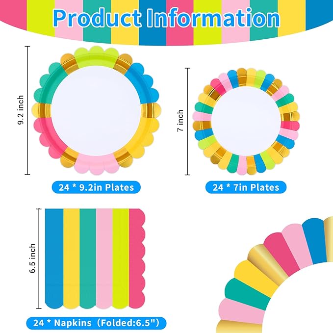 Birthday Party Supplies Disposable 9" Dinner Plates 7" Dessert Plates 6.5" Luncheon Napkins for Birthday Garden Party Afternoon Teas Baby Shower Wedding, Scalloped Edge, Serve 24