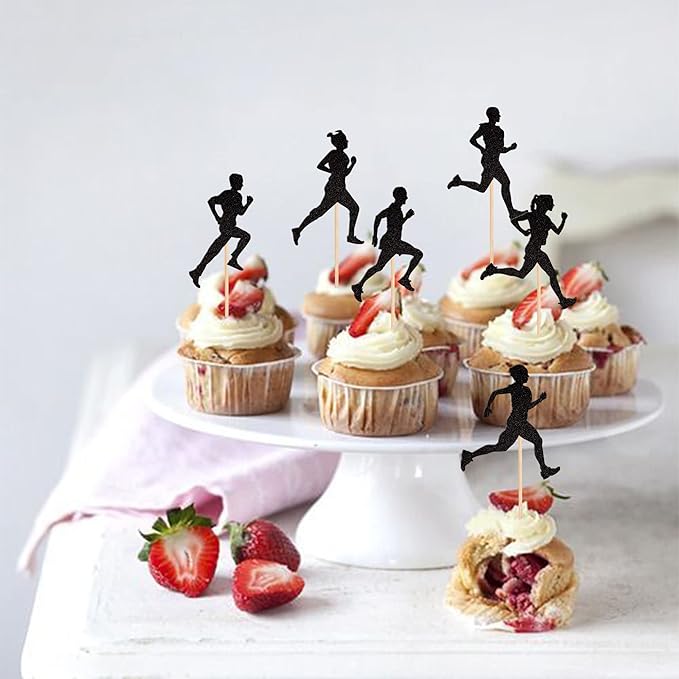 24 PCS Running Cupcake Toppers Black Glitter Sports Fitness Cupcake Picks for Running Theme Boys Girls Birthday Party Cake Decorations Supplies
